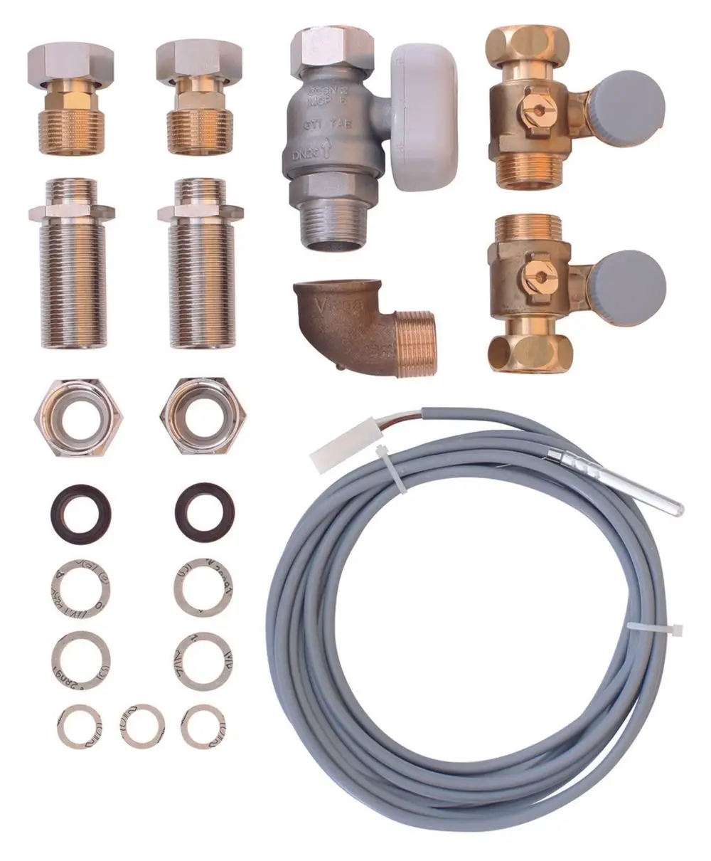 Vaillant Installationsset mit verschiedenen Armaturen, Gewindeverbindungen, Unterlegscheiben und einem Sensor-Kabel für Heizungsinstallationen.
